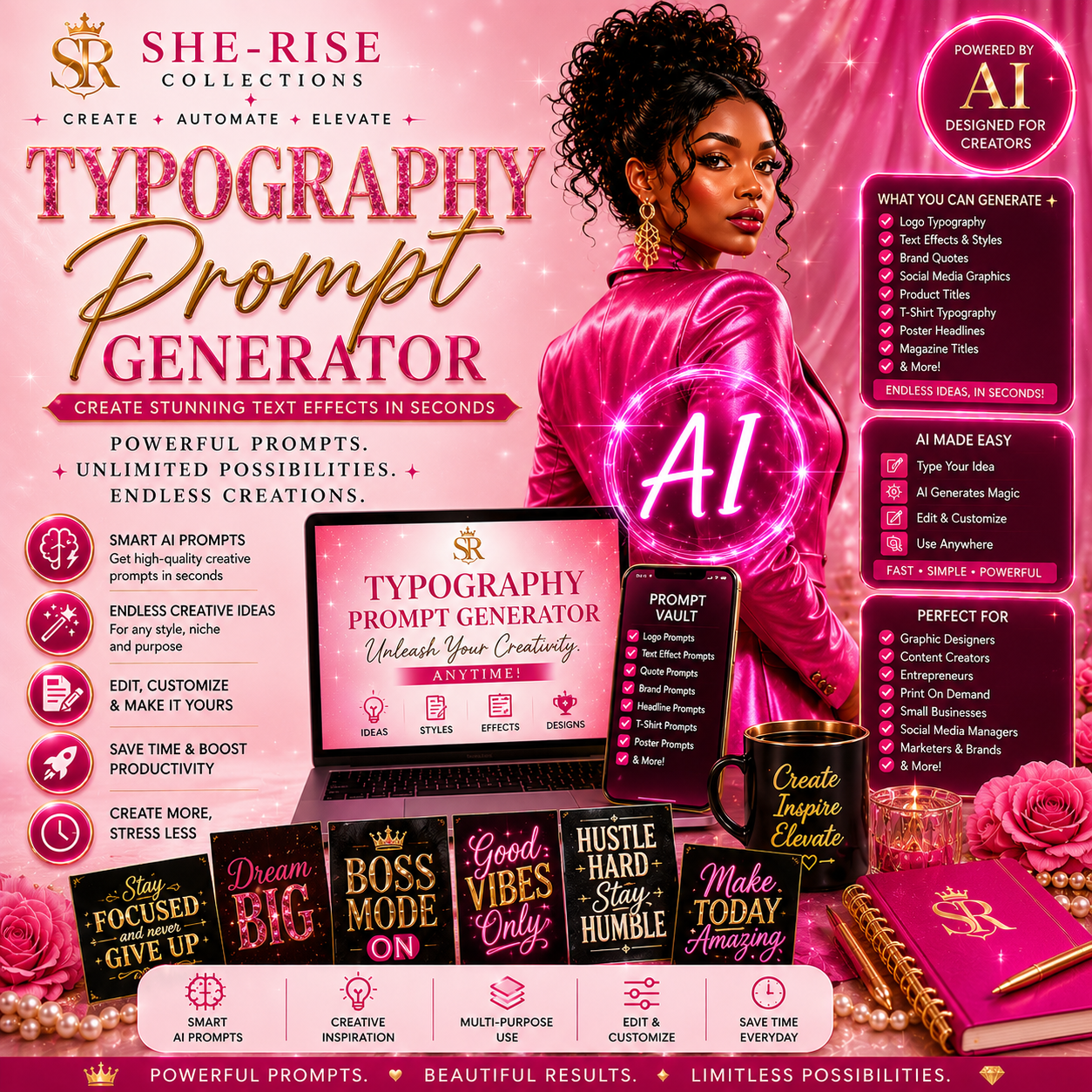 Generate stunning typography prompts in seconds with the Typography Prompt Generator. Create logo text, quotes, text effects, social media graphics, t-shirt designs, headlines, and more with powerful AI-powered creative prompts.