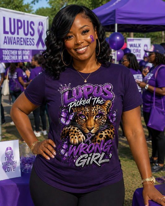 Lupus Picked the Wrong Girl™ Purple Leopard Awareness T-Shirt | Lupus Warrior Graphic Tee | Autoimmune Awareness Shirt