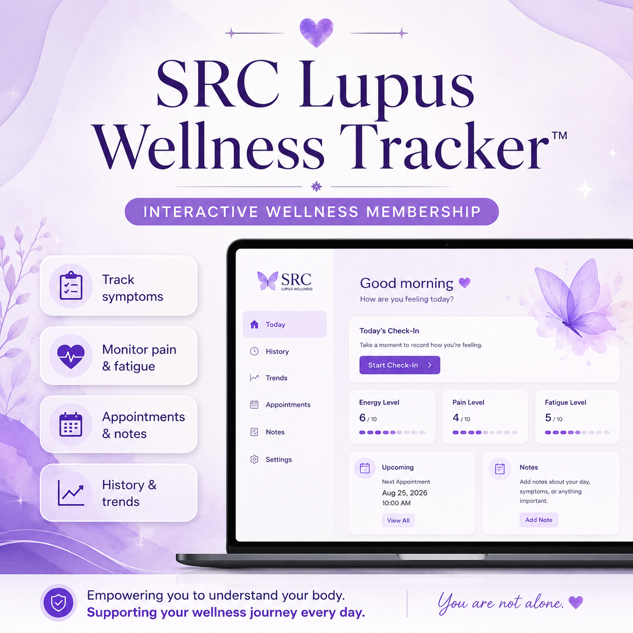 SRC Lupus Wellness Tracker cover image showing a lavender digital wellness tracker for symptom, pain, fatigue, medication, and appointment tracking.