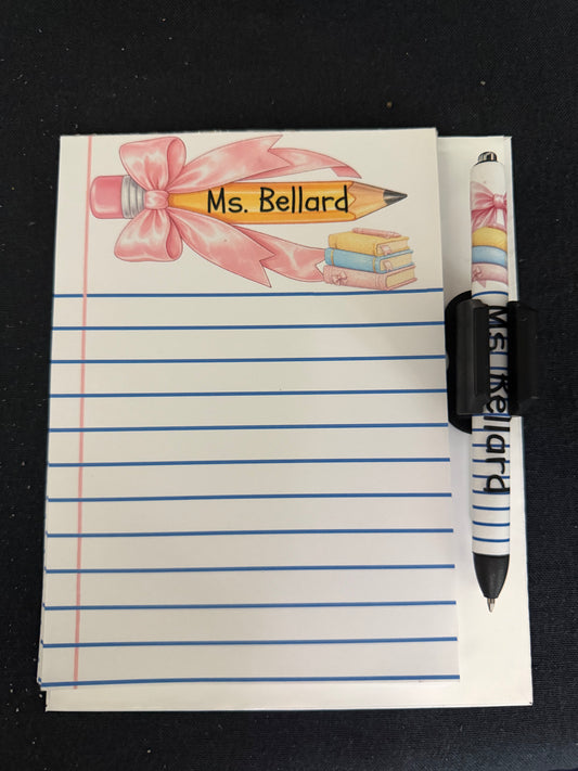 Printable teacher notepad cover featuring a personalized classroom design with black and gold accents and lined note pages.