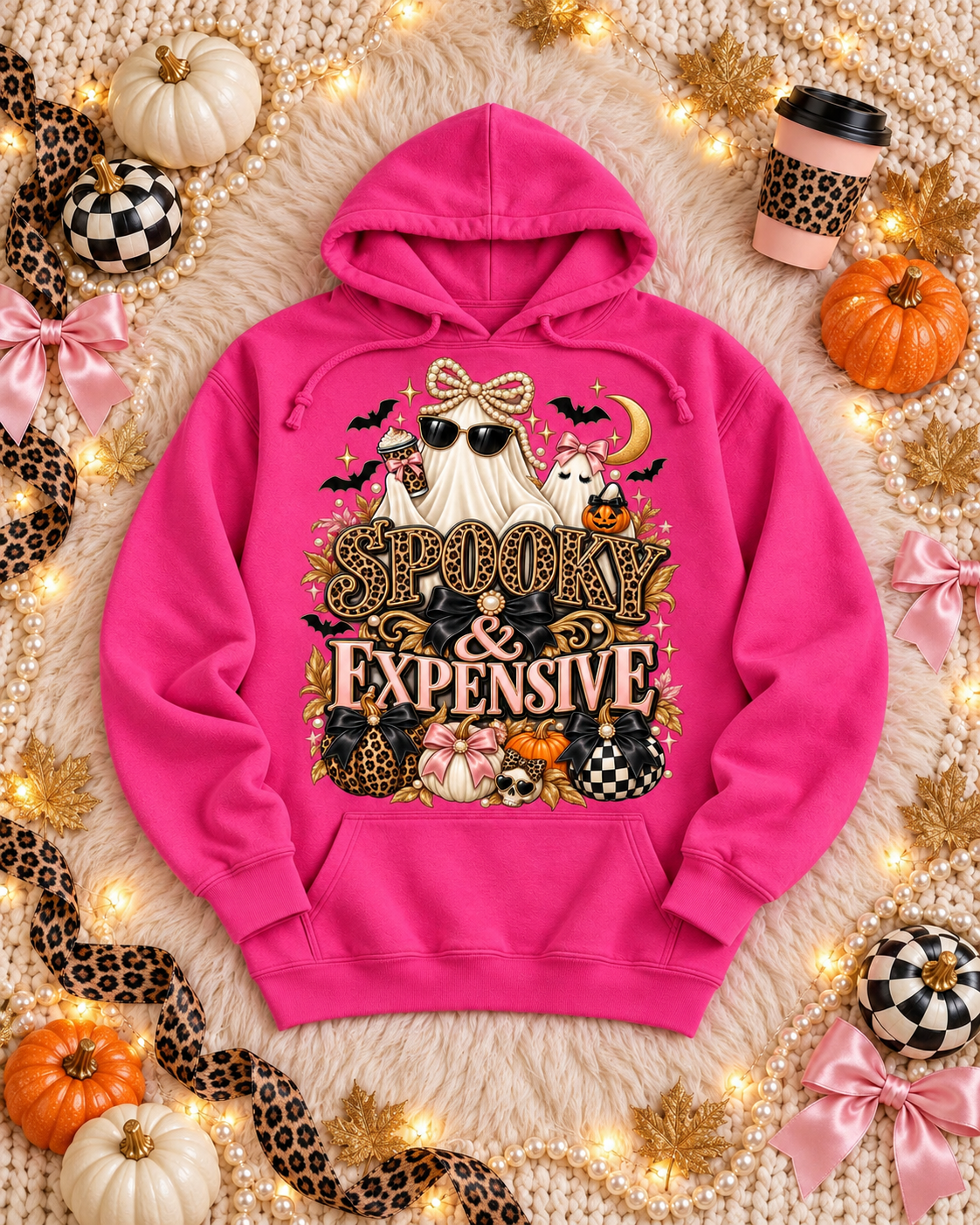 Hot-pink hoodie featuring the Spooky & Expensive glam Halloween PNG in a flat lay with pearls, bows and patterned pumpkins.