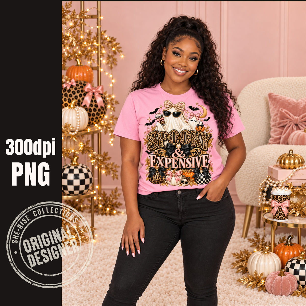 African American woman wearing a pink T-shirt featuring the Spooky & Expensive glam Halloween PNG with ghosts, bows and leopard-print pumpkins.